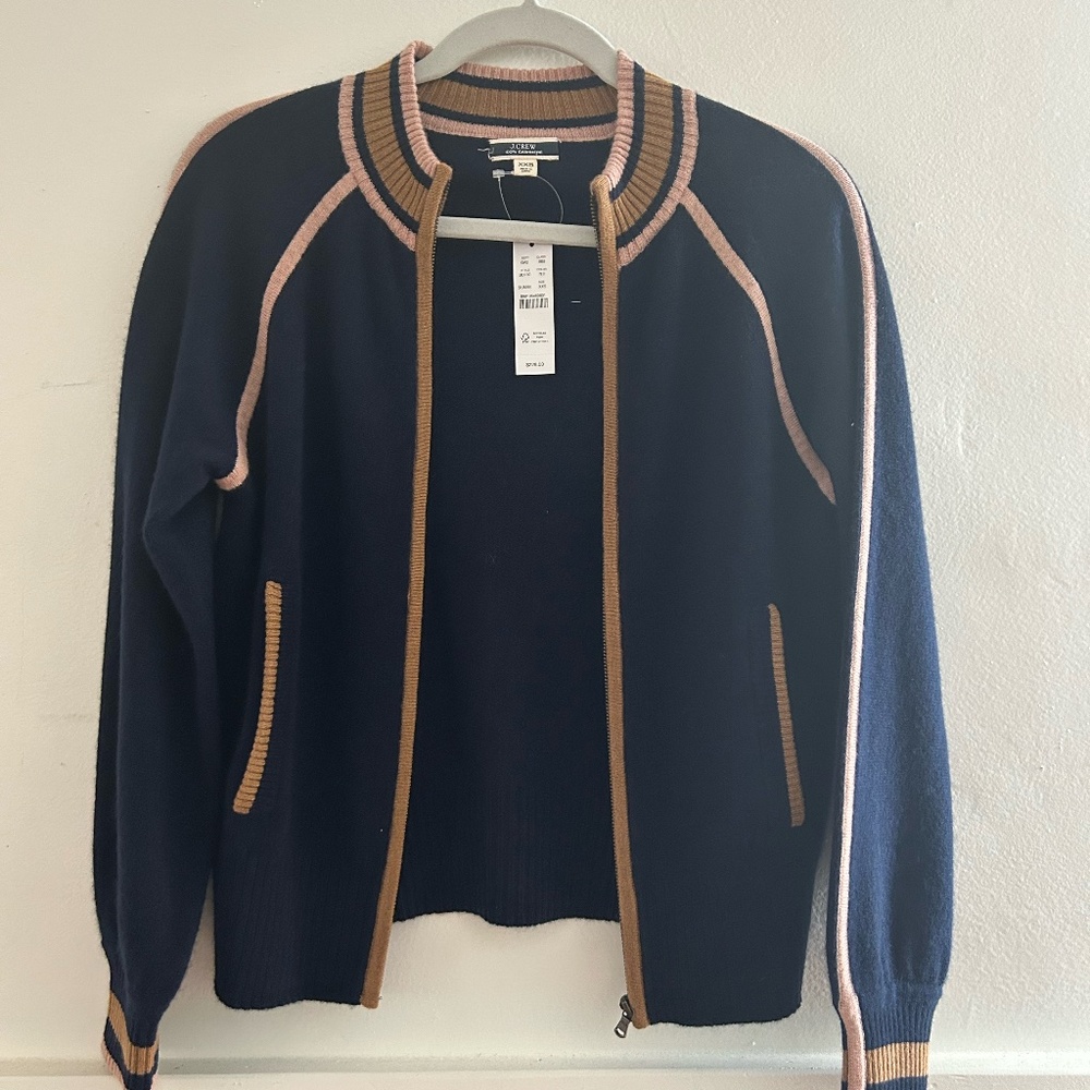 NWT JCREW Cashmere Zip-up track jacket style sweater, Navy/Tan/Pink, size XXS